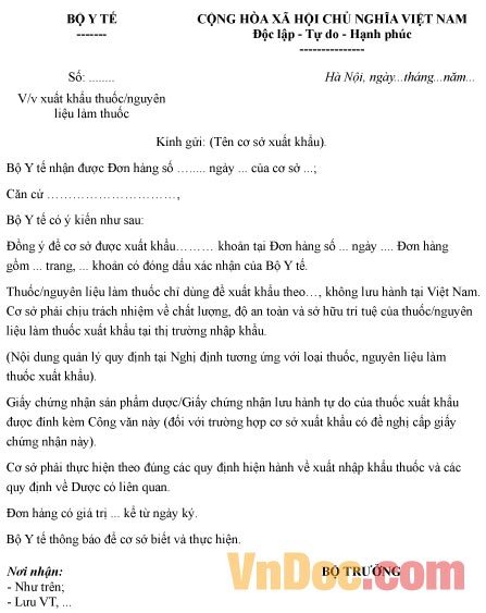 Mẫu công văn về việc xuất khẩu thuốc, nguyên liệu làm thuốc