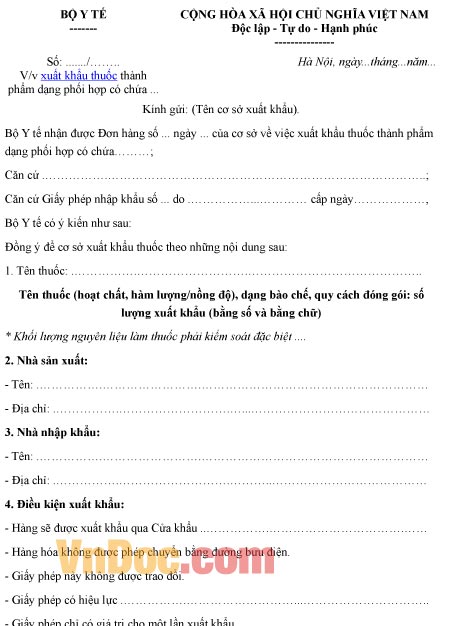 Mẫu công văn về việc xuất khẩu thuốc thành phẩm dạng phối hợp