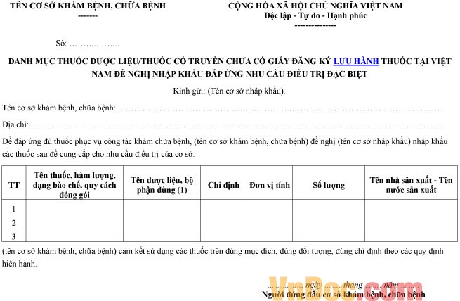 Mẫu danh mục về thuốc dược liệu, thuốc cổ truyền chưa có giấy đăng ký lưu hành thuốc