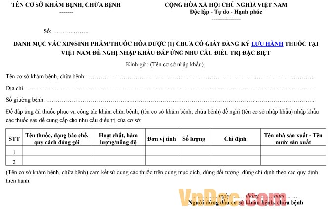 Mẫu danh mục về vắc xin, thuốc hóa dược chưa có giấy đăng ký lưu hành thuốc