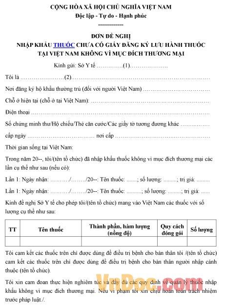 Mẫu đơn xin nhập khẩu thuốc chưa có giấy đăng ký lưu hành thuốc