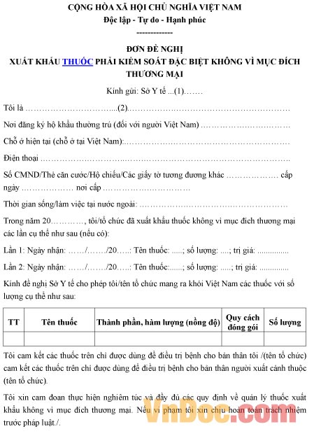 Mẫu đơn xin xuất khẩu thuốc phải kiểm soát đặc biệt không vì mục đích thương mại