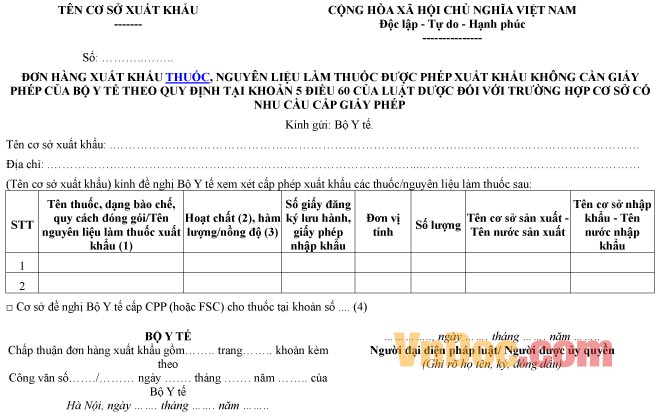 Mẫu đơn hàng về việc xuất khẩu thuốc được phép xuất khẩu không cần giấy phép