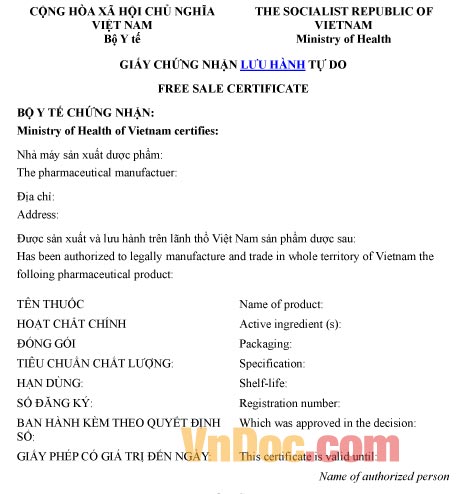 Mẫu giấy chứng nhận về việc lưu hành tự do