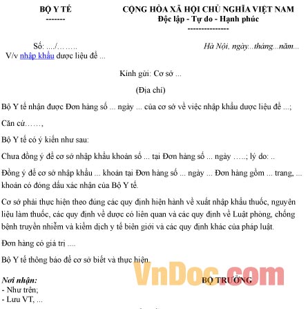 Mẫu công văn về việc cho phép nhập khẩu dược liệu