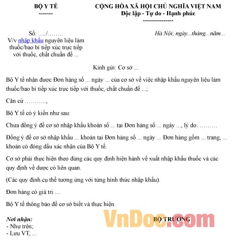 Mẫu công văn về việc nhập khẩu nguyên liệu làm thuốc, bao bì