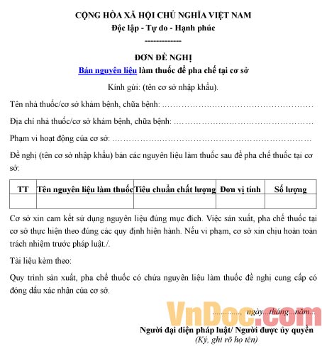 Mẫu đơn xin bán nguyên liệu làm thuốc để pha chế tại cơ sở