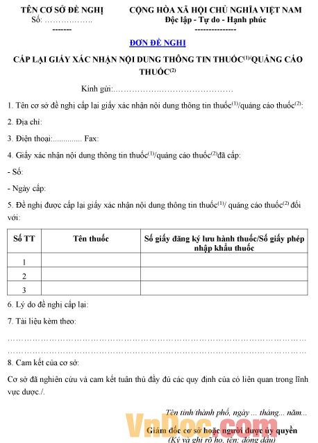 Mẫu đơn xin cấp lại giấy xác nhận nội dung thông tin thuốc