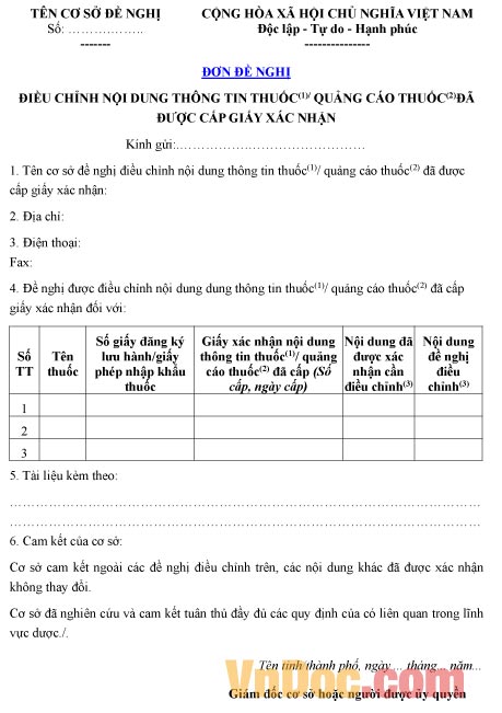 Mẫu đơn xin điều chỉnh nội dung thông tin thuốc