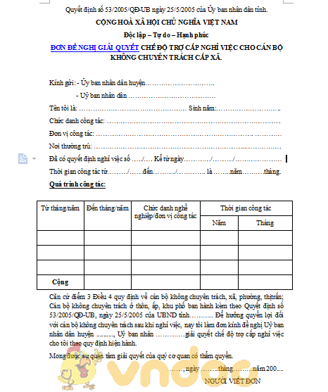 Đơn đề nghị trợ cấp nghỉ việc cho cán bộ xã