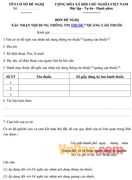 Mẫu đơn xin xác nhận nội dung thông tin thuốc, quảng cáo thuốc