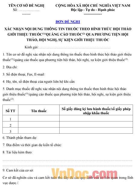 Mẫu đơn xin xác nhận nội dung thông tin thuốc theo hình thức hội thảo