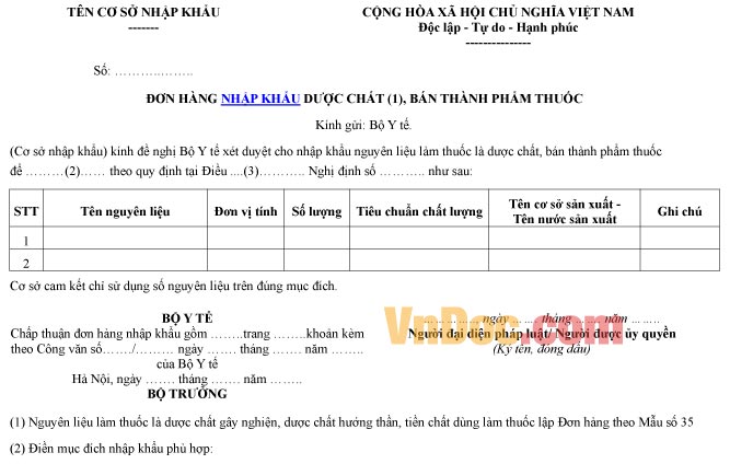 Mẫu đơn hàng về việc nhập khẩu dược chất, bán thành phẩm thuốc