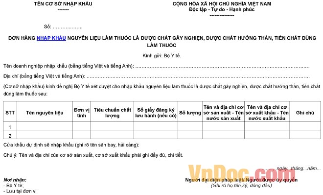 Mẫu đơn hàng ghi chép nhập khẩu nguyên liệu làm thuốc