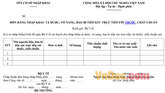 Mẫu đơn hàng ghi chép nhập khẩu tá dược, vỏ nang, bao bì tiếp xúc trực tiếp với thuốc
