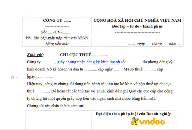 đơn xin cấp giấy nộp tiền mặt vào NSNN