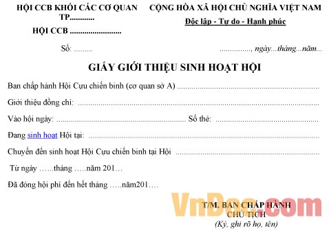 Mẫu giấy giới thiệu về việc chuyển sinh hoạt hội cựu chiến binh