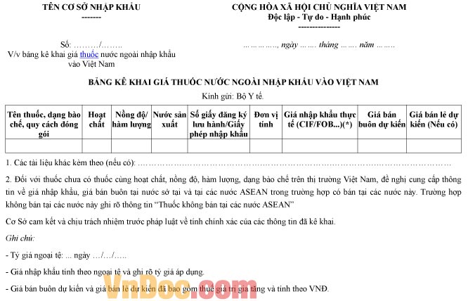 Mẫu bảng kê khai về giá thuốc nước ngoài nhập khẩu vào Việt Nam