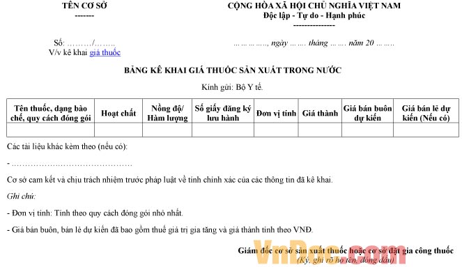 Mẫu bảng kê khai về giá thuốc sản xuất trong nước