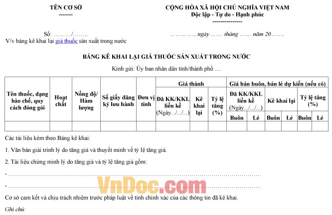 Mẫu bảng kê khai lại về giá thuốc sản xuất trong nước