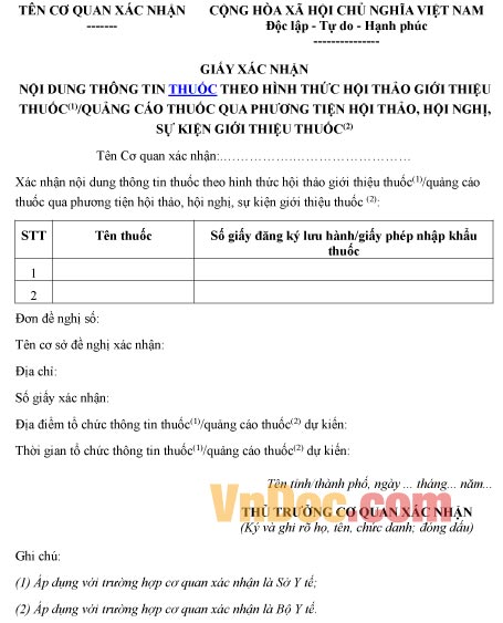 Mẫu giấy ghi chép xác nhận nội dung thông tin thuốc theo hình thức hội thảo