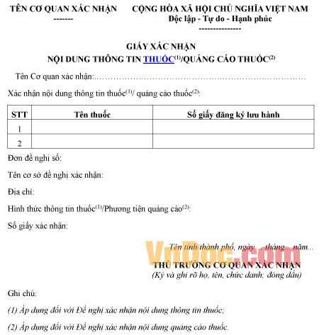 Mẫu giấy ghi chép xác nhận nội dung thông tin thuốc