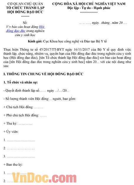 Mẫu bản báo cáo hoạt động của hội đồng đạo đức