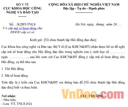 Mẫu thông báo về việc cấp mã số hoạt động cho HĐĐĐ cấp cơ sở