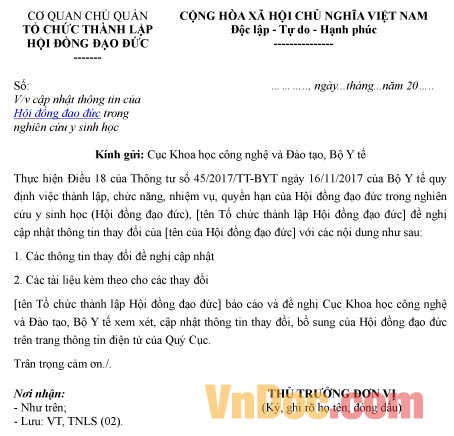 Mẫu thông báo về việc cập nhật thông tin của hội đồng đạo đức