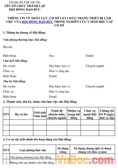 Mẫu bảng thông tin về nhân lực, cơ sở vật chất, trang thiết bị làm việc của hội đồng đạo đức