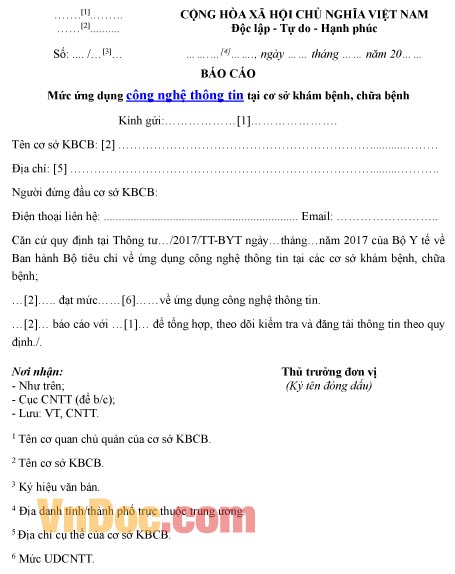 Mẫu báo cáo về mức ứng dụng công nghệ thông tin tại cơ sở khám chữa bệnh