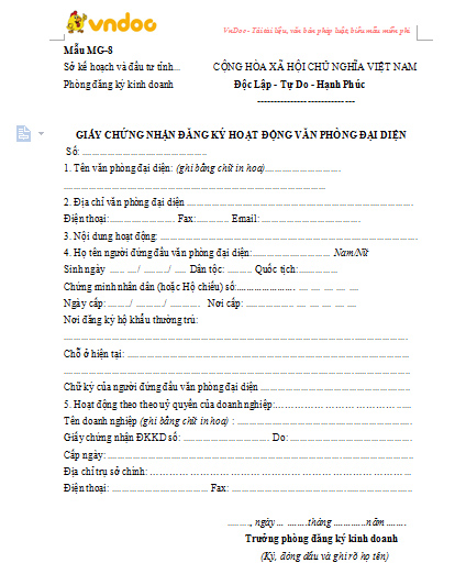 Biểu mẫu giấy đăng ký hoạt động
