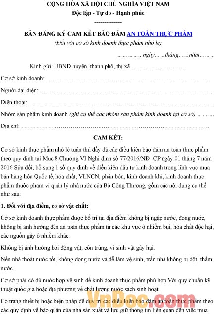 Mẫu bản ghi chép đăng ký cam kết bảo đảm an toàn thực phẩm đối với cơ sở kinh doanh