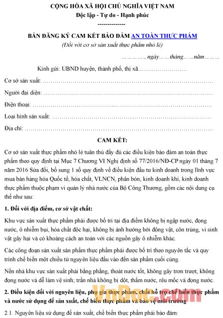 Mẫu bản ghi chép đăng ký cam kết bảo đảm an toàn thực phẩm đối với cơ sở sản xuất