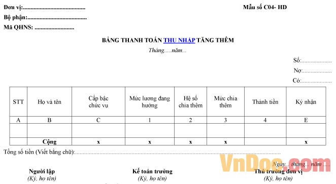 Mẫu bảng ghi chép thanh toán thu nhập tăng thêm