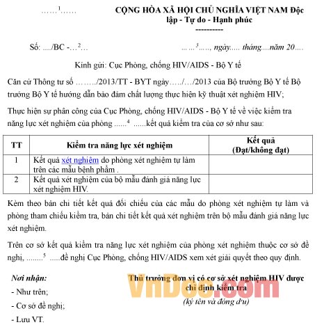 Mẫu báo cáo về việc đánh giá năng lực xét nghiệm HIV