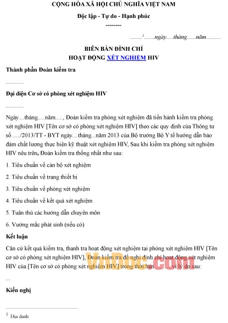 Mẫu biên bản ghi chép đình chỉ hoạt động xét nghiệm HIV