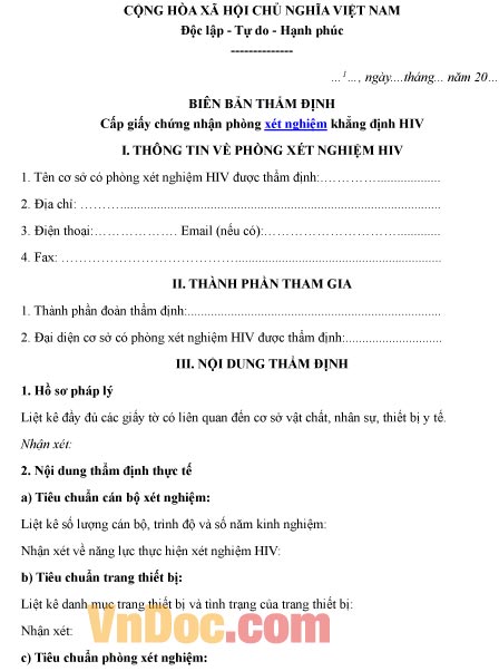 Mẫu biên bản ghi chép thẩm định cấp giấy chứng nhận phòng xét nghiệm khẳng định HIV