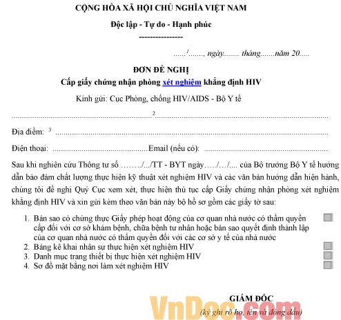 Mẫu đơn xin cấp giấy chứng nhận phòng xét nghiệm khẳng định HIV