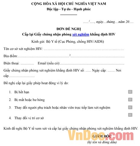 Mẫu đơn xin cấp lại giấy chứng nhận phòng xét nghiệm khẳng định HIV
