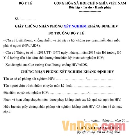 Mẫu giấy ghi chép chứng nhận phòng xét nghiệm khẳng định HIV