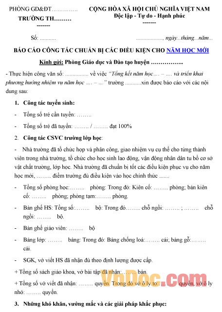 Mẫu báo cáo về công tác chuẩn bị các điều kiện cho năm học mới 2018-2019