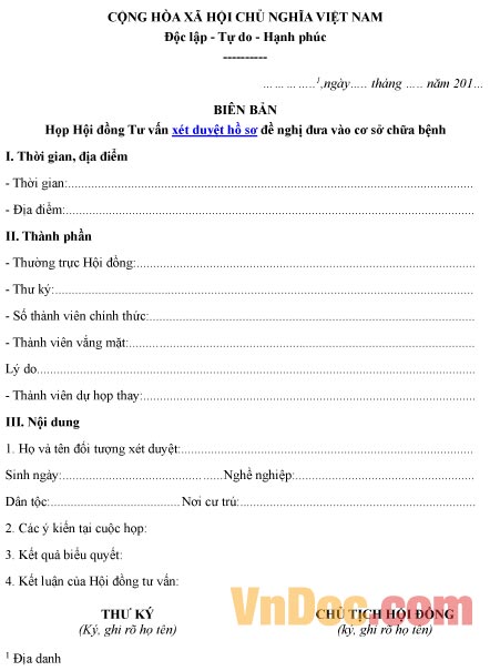 Mẫu biên bản về việc họp hội đồng tư vấn xét duyệt hồ sơ đề nghị đưa vào cơ sở chữa bệnh