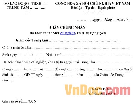 Mẫu giấy ghi chép chứng nhận đã hoàn thành cai nghiện, chữa trị tự nguyện
