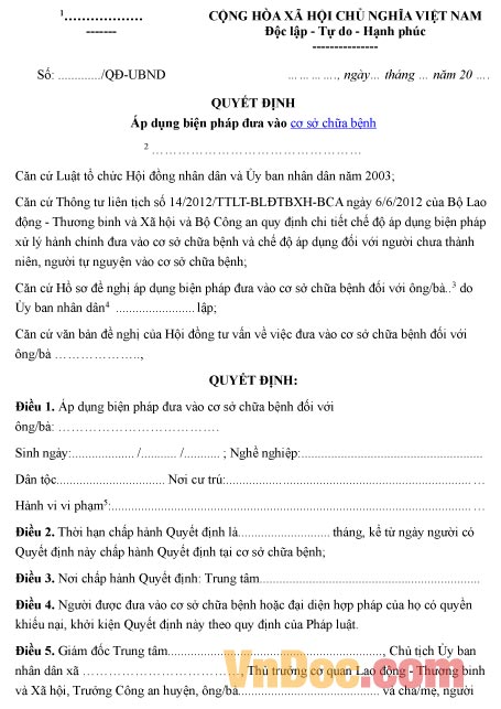 Mẫu quyết định về việc áp dụng biện pháp đưa vào cơ sở chữa bệnh
