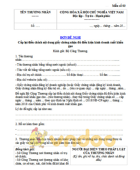 Đơn xin cấp lại chứng nhận đủ điều kiện kinh doanh gạo