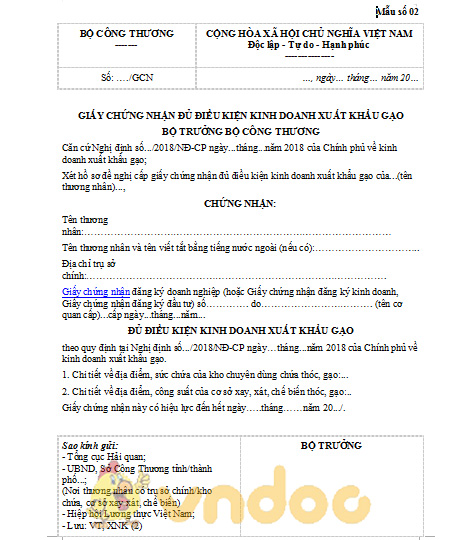 Giấy chứng nhận đủ điều kiện kinh doanh gạo