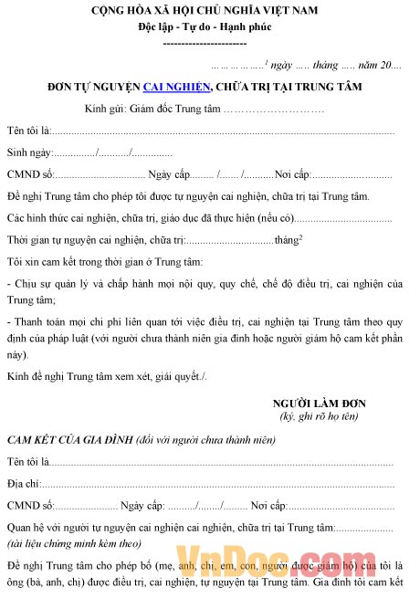 Mẫu đơn xin được tự nguyện cai nghiện, chữa trị tại trung tâm