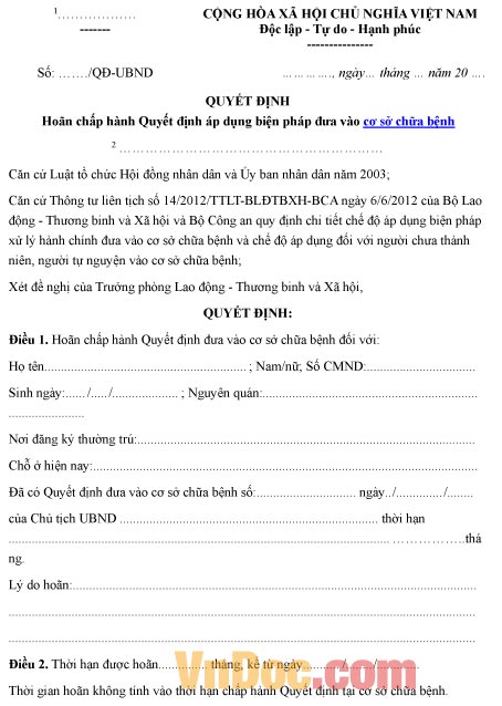 Mẫu quyết định về việc hoãn chấp hành quyết định đưa vào cơ sở chữa bệnh