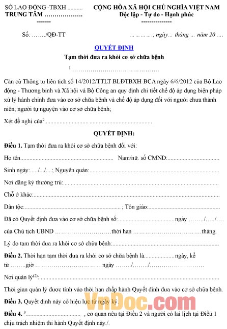 Mẫu quyết định về việc tạm thời đưa ra khỏi cơ sở chữa bệnh